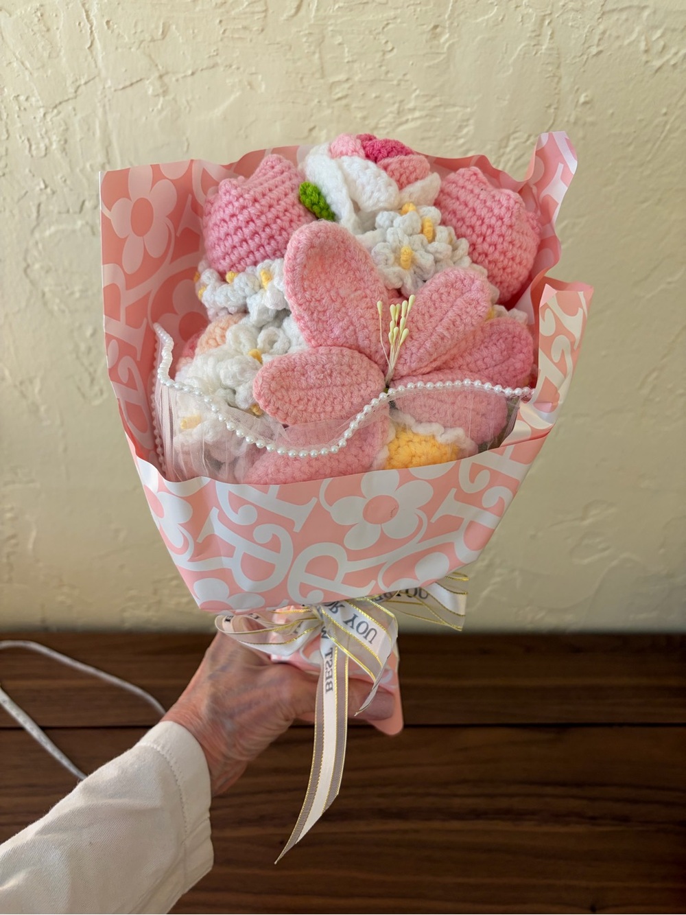 Handmade Crochet Pink and White Flower Bouquet Gift Arrangement